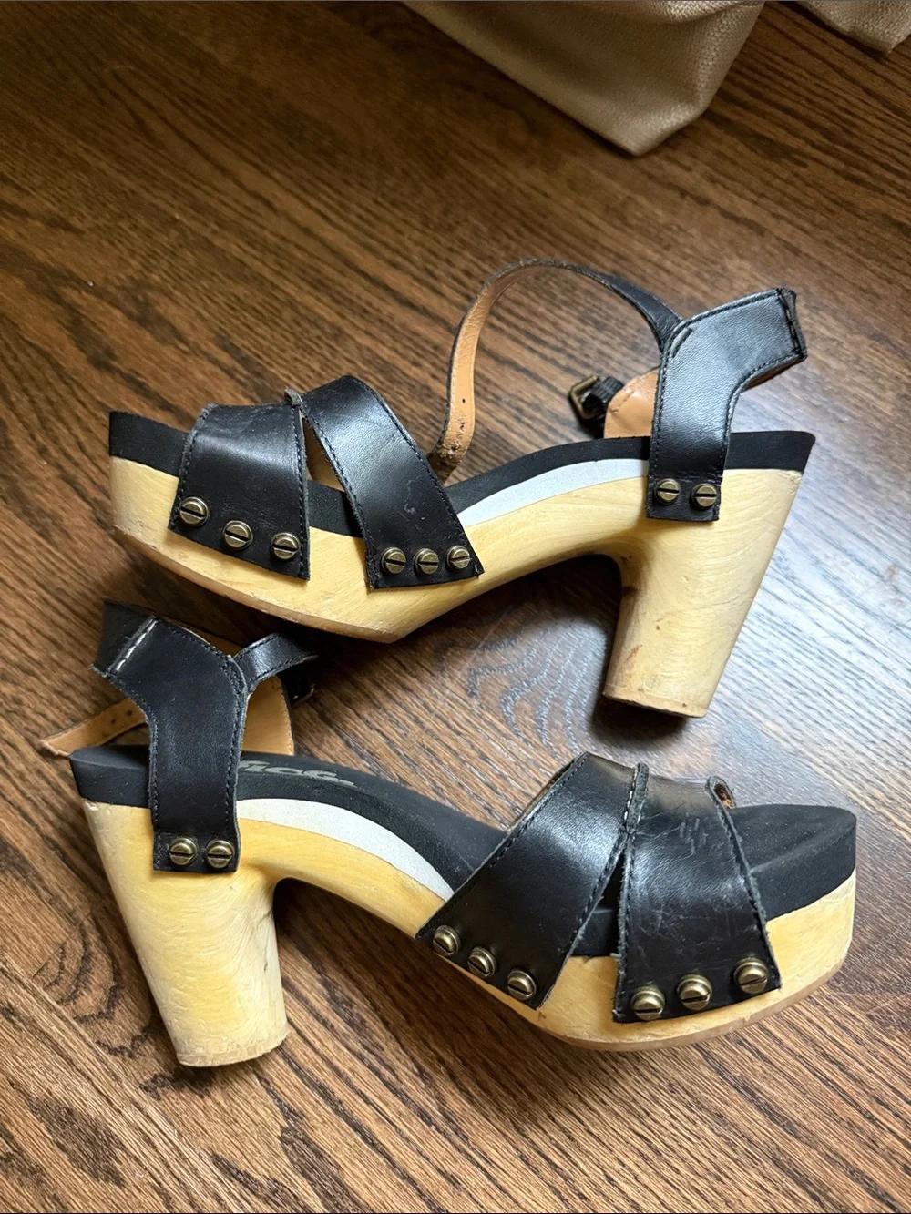 Black Leather Platform Clog Heels with Wood sole.